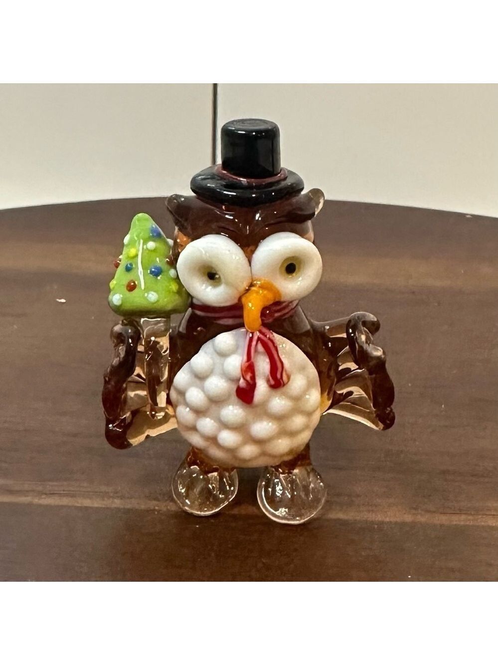 Pier 1 Hand Blown Glass Vitg Owl Christmas Figurine,Hat Scarf Christmas Tree 2”